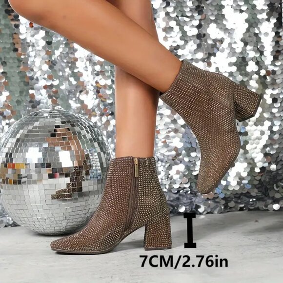 NWOT - Rhinestone Decor Chunky Heel Short Boots in Brown/Gold (Size 7) - Picture 4 of 14